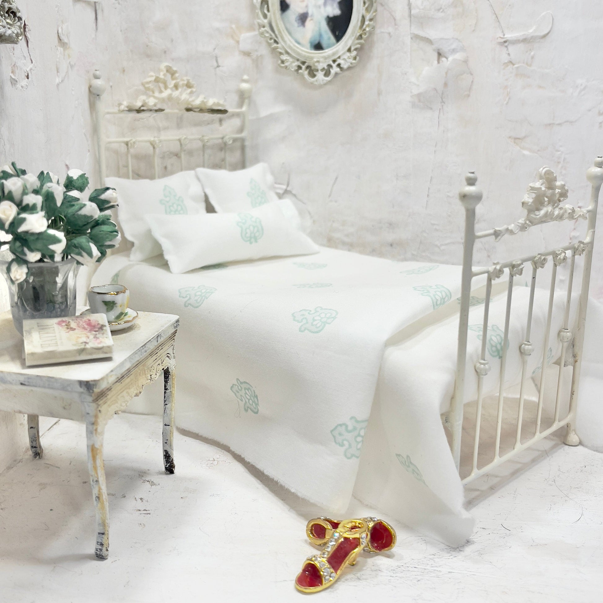 Chantallena Doll House Bedding Simply Lena | Five Piece White and Mint Blossoms Cotton Bedding Set |