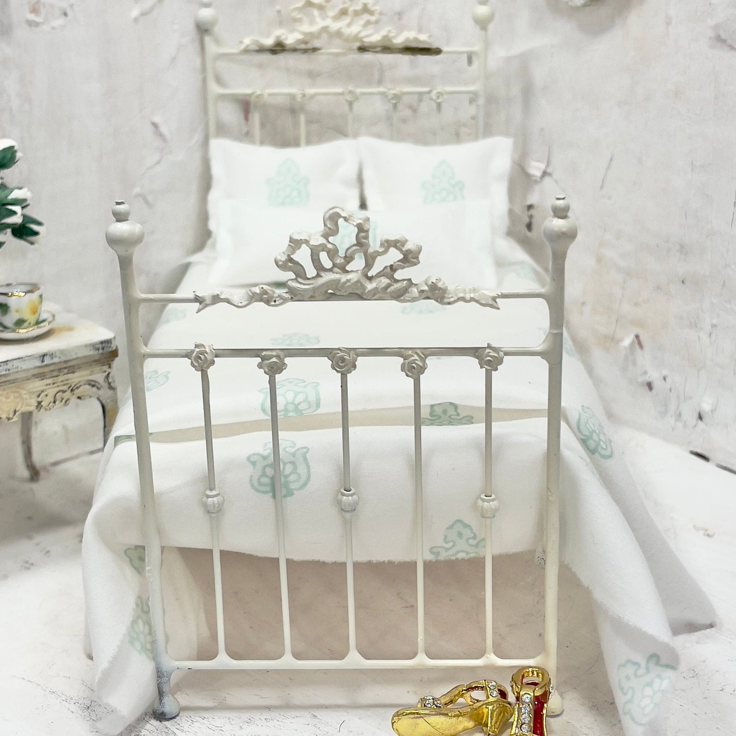 Chantallena Doll House Bedding Simply Lena | Five Piece White and Mint Blossoms Cotton Bedding Set |