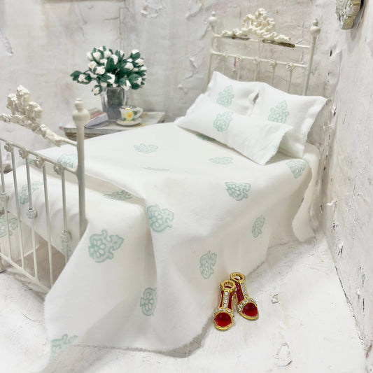 Chantallena Doll House Bedding Simply Lena | Five Piece White and Mint Blossoms Cotton Bedding Set |