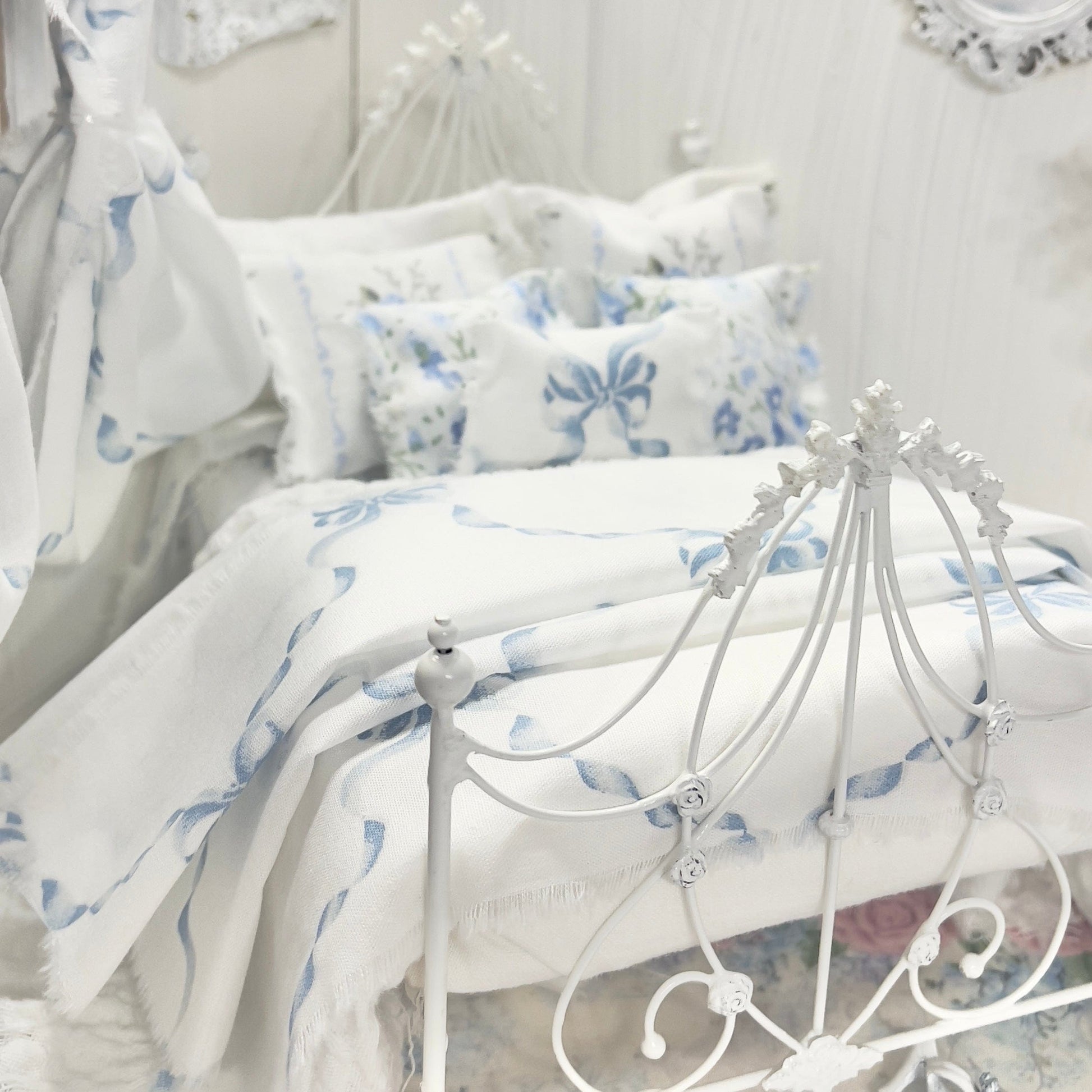 Chantallena Doll House Bedding SINGLE (8 inch by 8 inch) Lillian Grace| Blue Ribboned Bow with Blue Rose Trellis Cotton Bedding Set