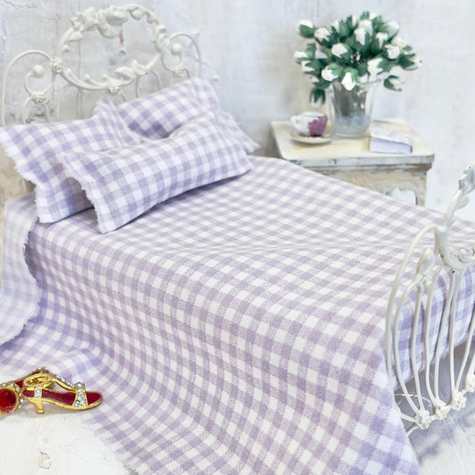 Chantallena Doll House Bedding SINGLE (8 inch by 8 inch) Simply Lena | Five Piece Lavender and White Gingham Cotton Bedding Set |
