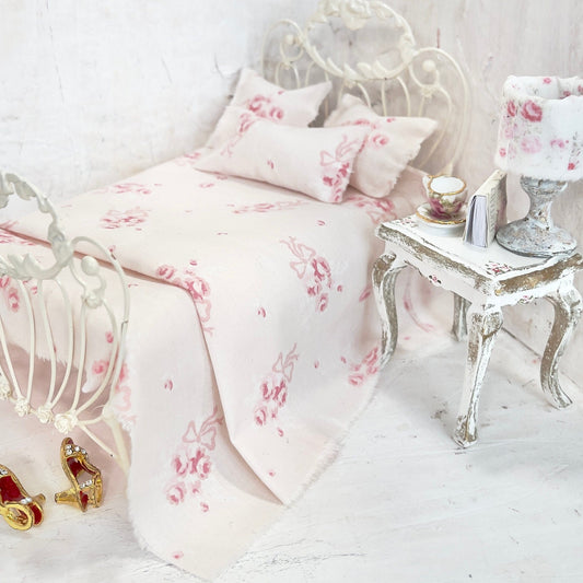 Chantallena Doll House Bedding SINGLE (8 inch by 8 inch) Simply Lena | Five Piece Pink Cotton with Pink Roses and Bows Bedding Set |