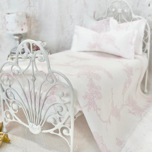 Chantallena Doll House Bedding SINGLE (8 inch by 8 inch) Simply Lena | Five Piece White Cotton with Pink Climbing Roses Bedding Set |