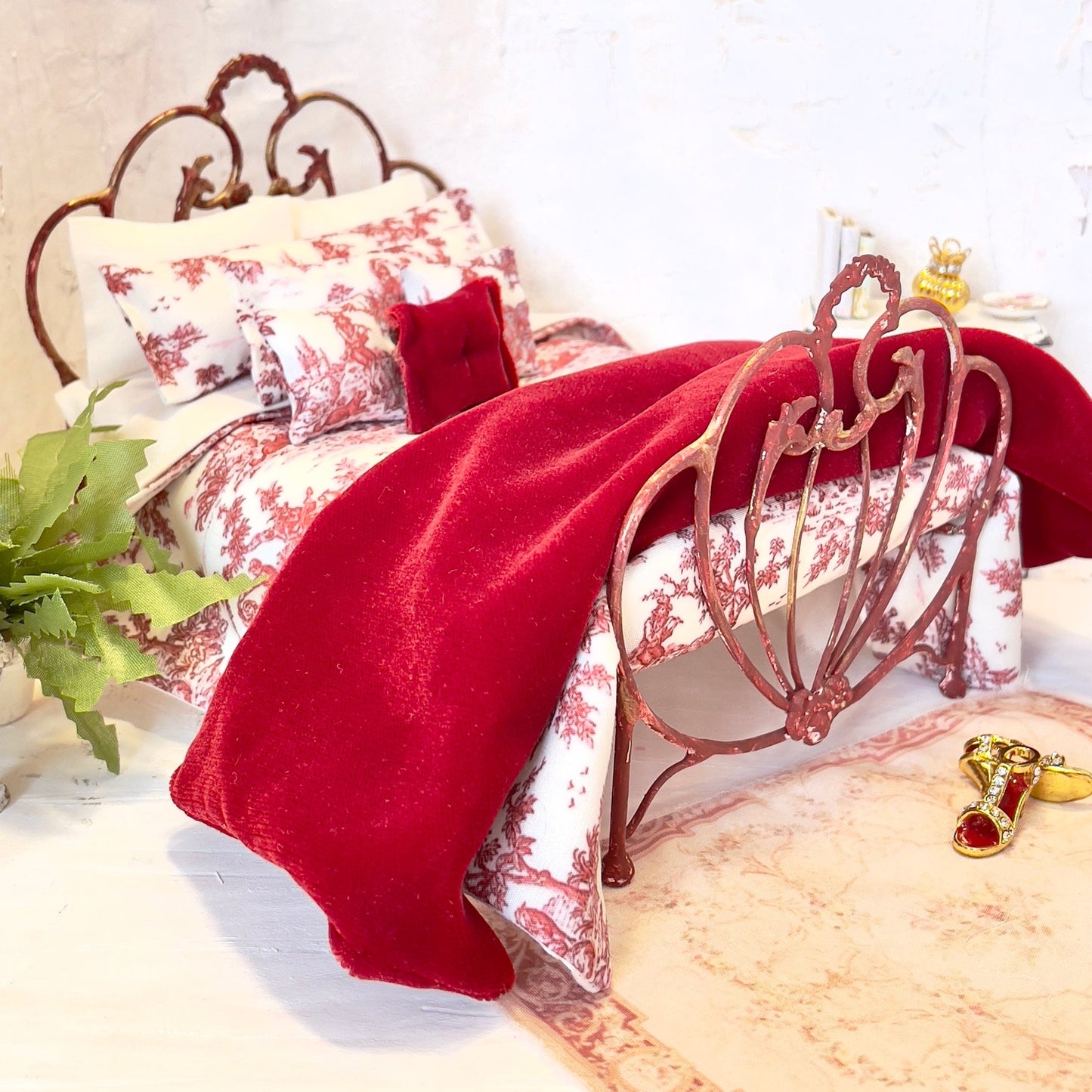 Chantallena Doll House Bedding Single/Twin (7 in by 7 in) Vintage View | Red Cotton Blend Toile 1:12 Scale Dollhouse Bedding Set | Toile Red