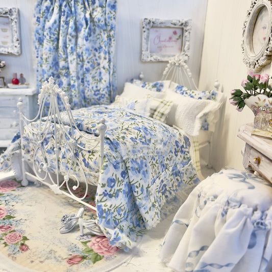 Chantallena Doll House Bedding Single with 2 Panel Ditsy Curtain $40.00 Lillian Grace| Blue Ditsy Floral and Green Check Cotton Bedding Set