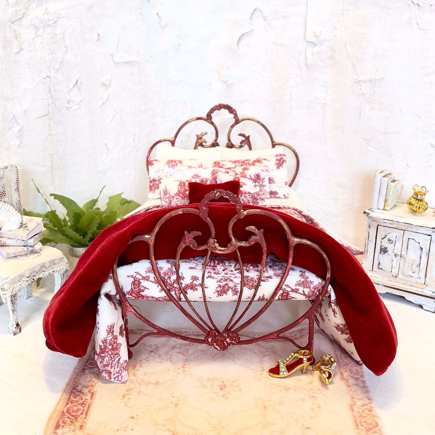 Chantallena Doll House Bedding Vintage View | Red Cotton Blend Toile 1:12 Scale Dollhouse Bedding Set | Toile Red