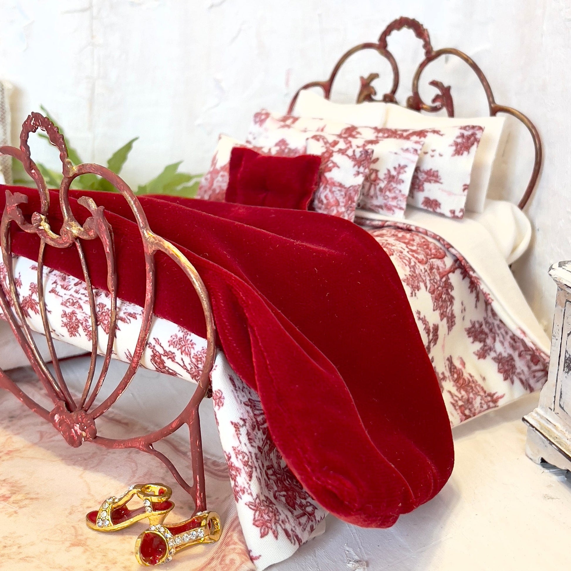 Chantallena Doll House Bedding Vintage View | Red Cotton Blend Toile 1:12 Scale Dollhouse Bedding Set | Toile Red