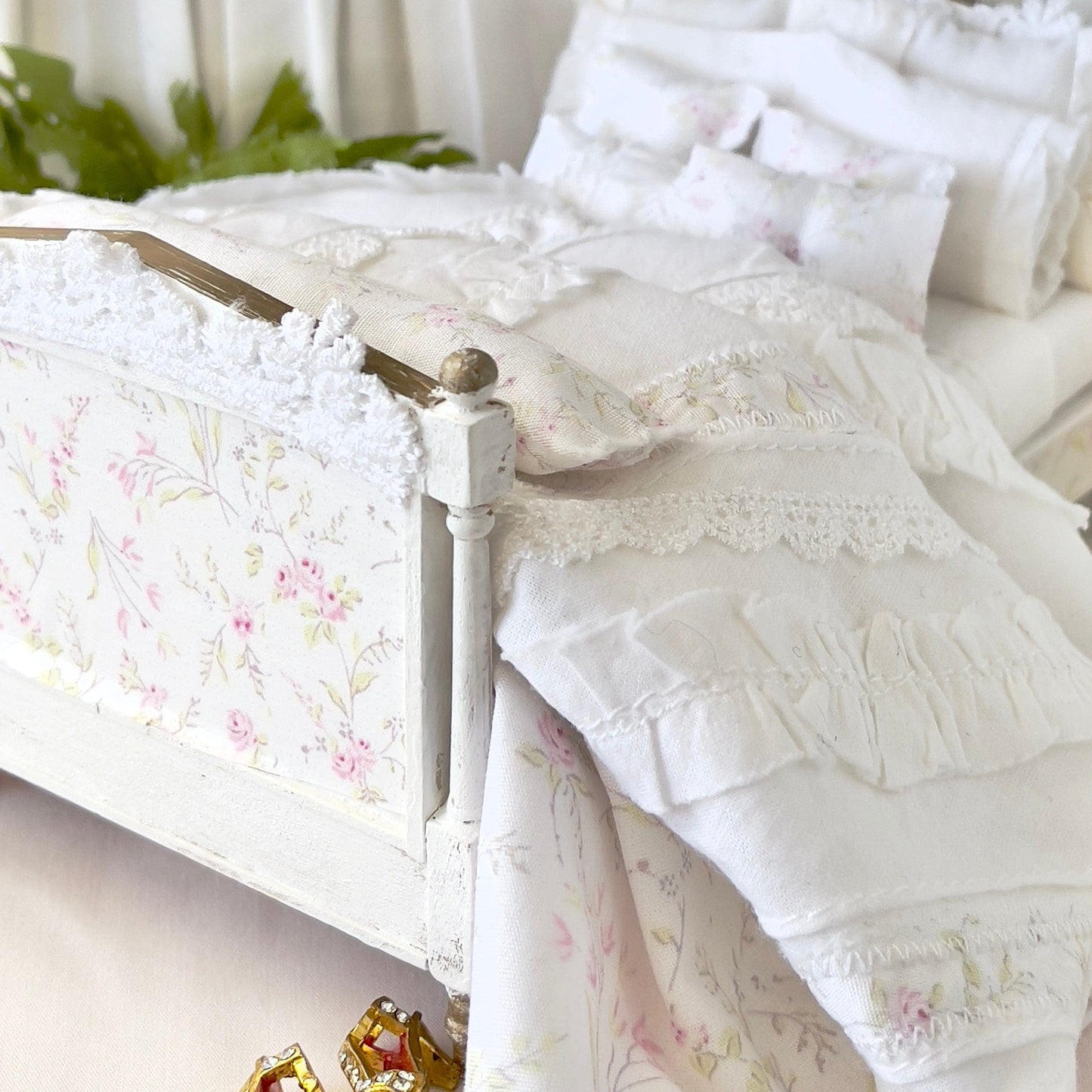 Chantallena Doll House Camila| Decoupage Shabby Pink Wildflowers Wooden Bed with Lace Accents