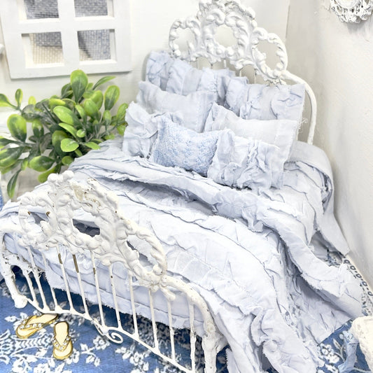 Chantallena Doll House (Copy) (Copy) (Copy) Shabby Cottage | White Cotton 1:12 Scale Bedding Set with Pale Blue Embroidery Bed Runner | Ariel