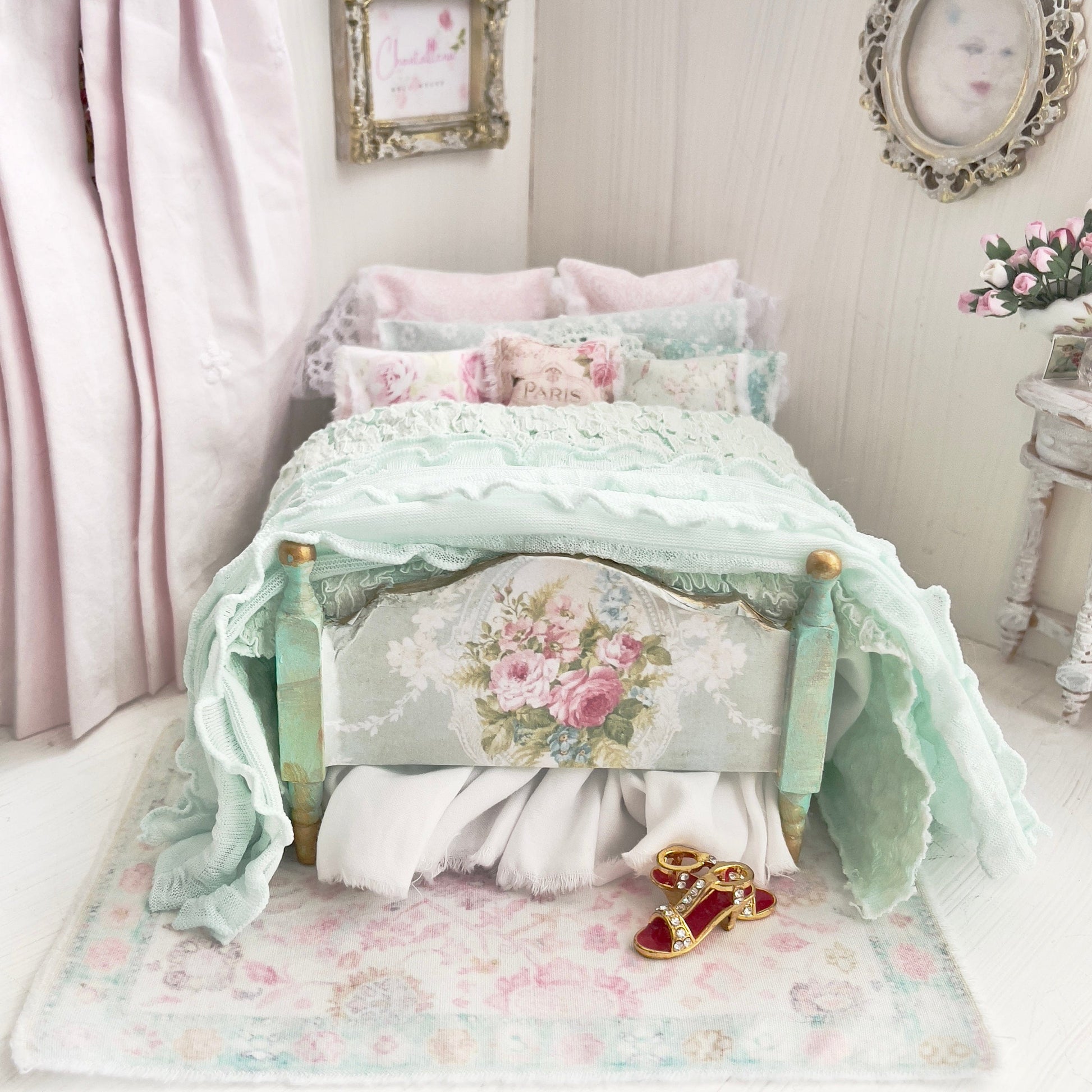 Chantallena Doll House (Copy) Dressed 1:12 Scale Bed | Decoupaged with Vintage Chenille Bedspreads|Chenille Whispers