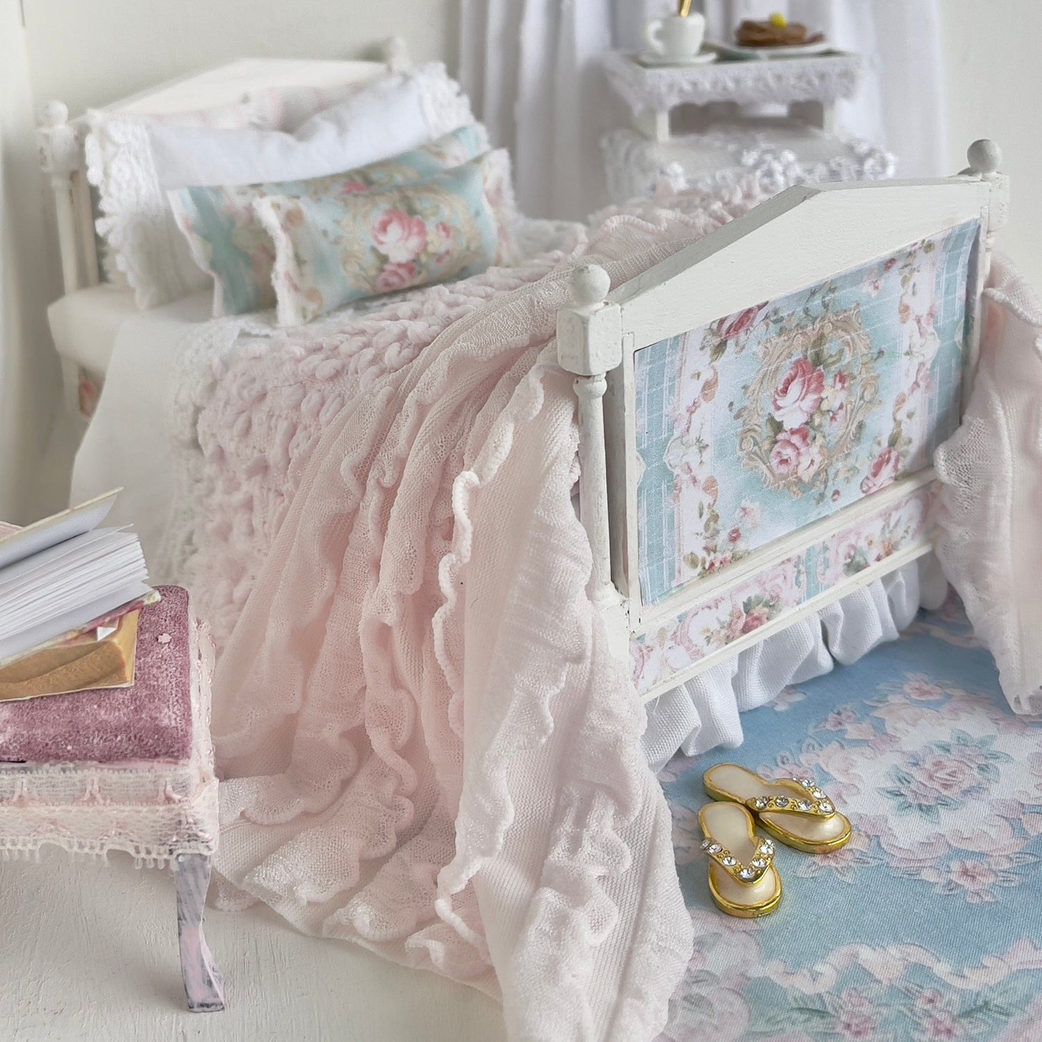 Chantallena Doll House (Copy) Dressed Bed | Sold Decoupage Shabby Pink Wildflowers Wooden Bed with Lace Accents