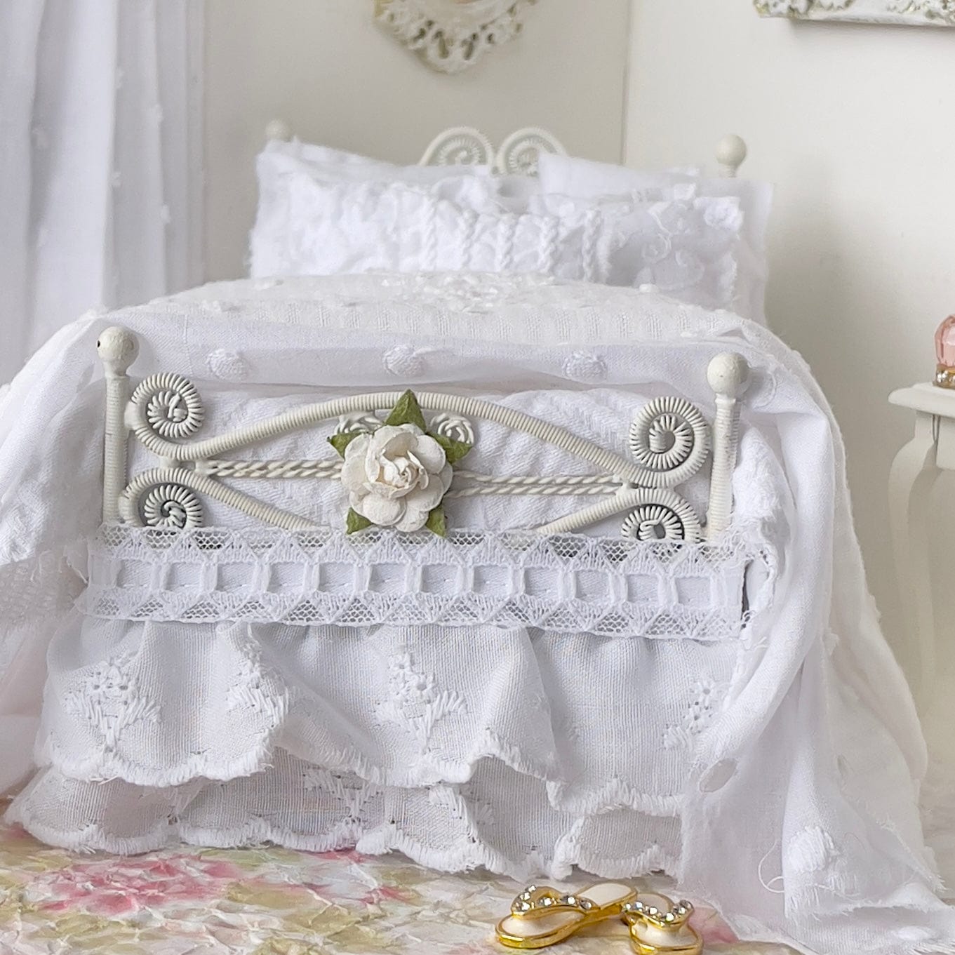 Chantallena Doll House (Copy) Dressed Bed  | Sold White Cotton with Embroidered and Eyelet Lace Accents