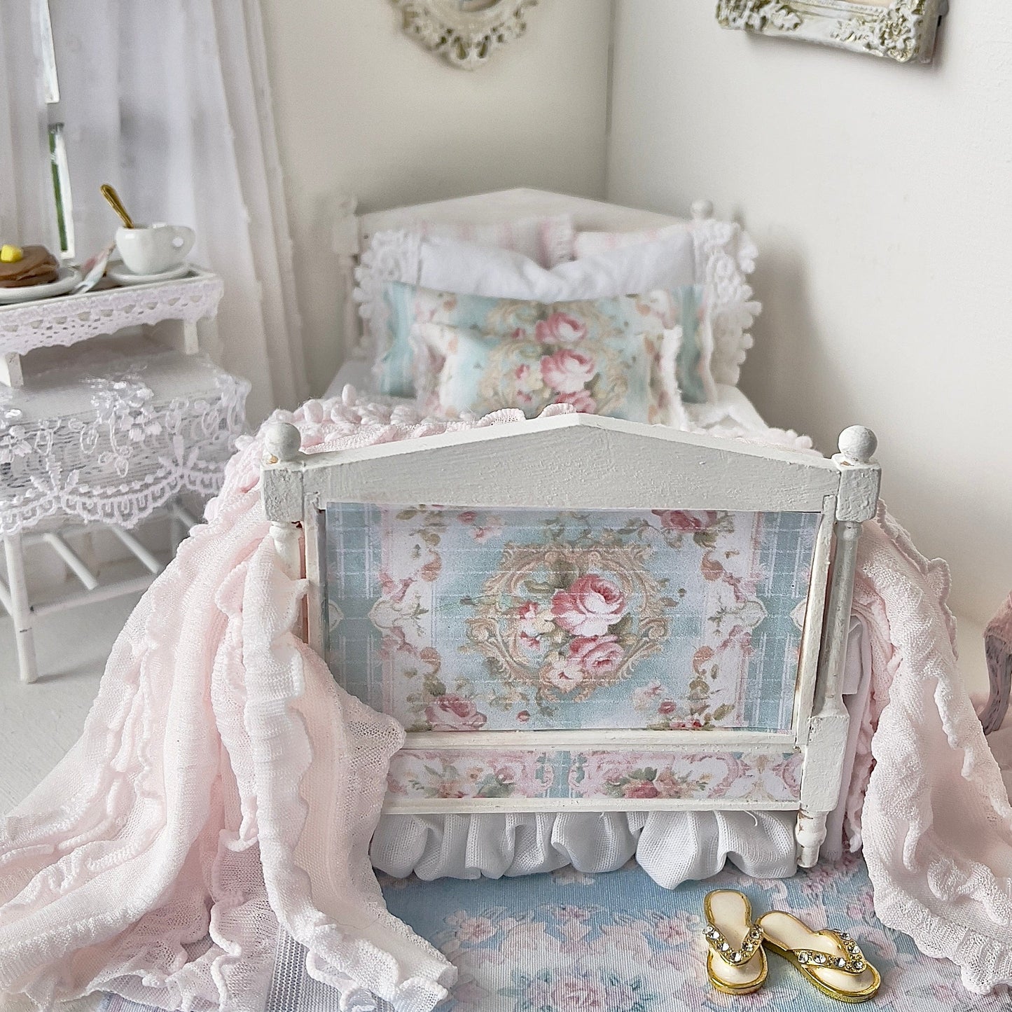 Chantallena Doll House (Copy) Dressed Bed | Sold White Cotton with Grand Pink Roses, Lace Accents, Ruffled Knit Throw