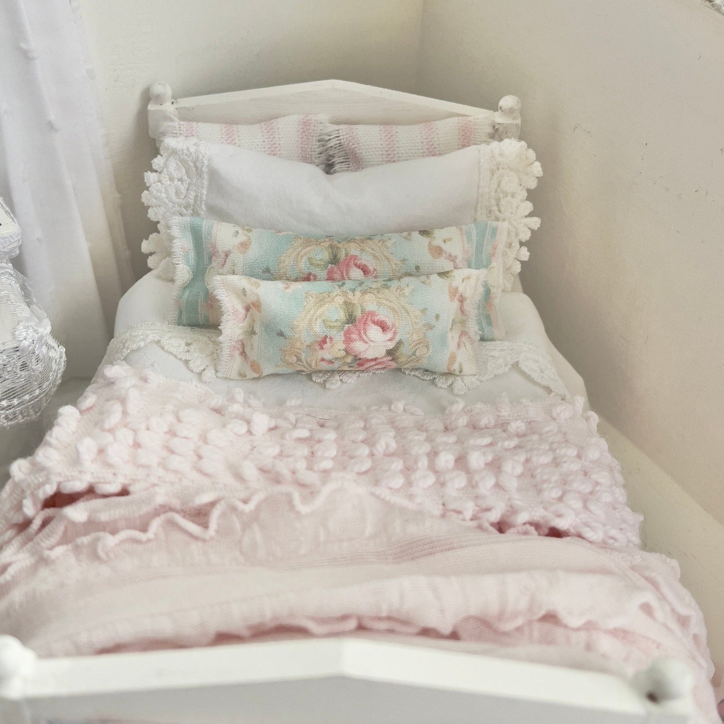 Chantallena Doll House (Copy) Dressed Bed | Sold White Cotton with Grand Pink Roses, Lace Accents, Ruffled Knit Throw