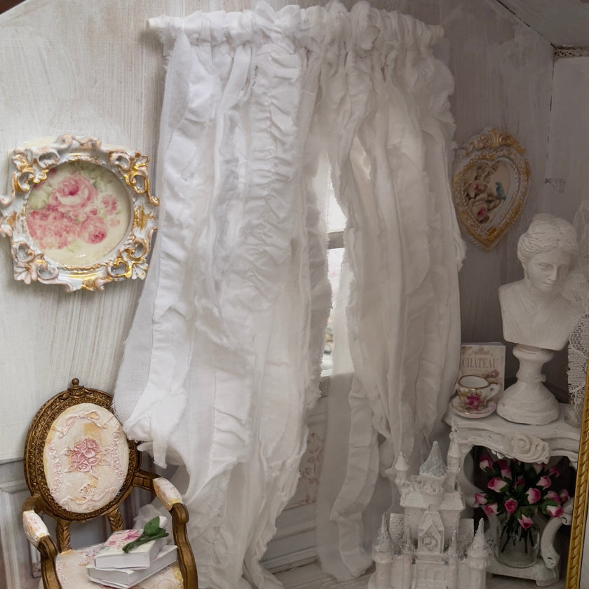 Chantallena Doll House Curtains 1:12 Scale Dollhouse Curtains-White Ruffled Cotton 2 Panels| Chantallena
