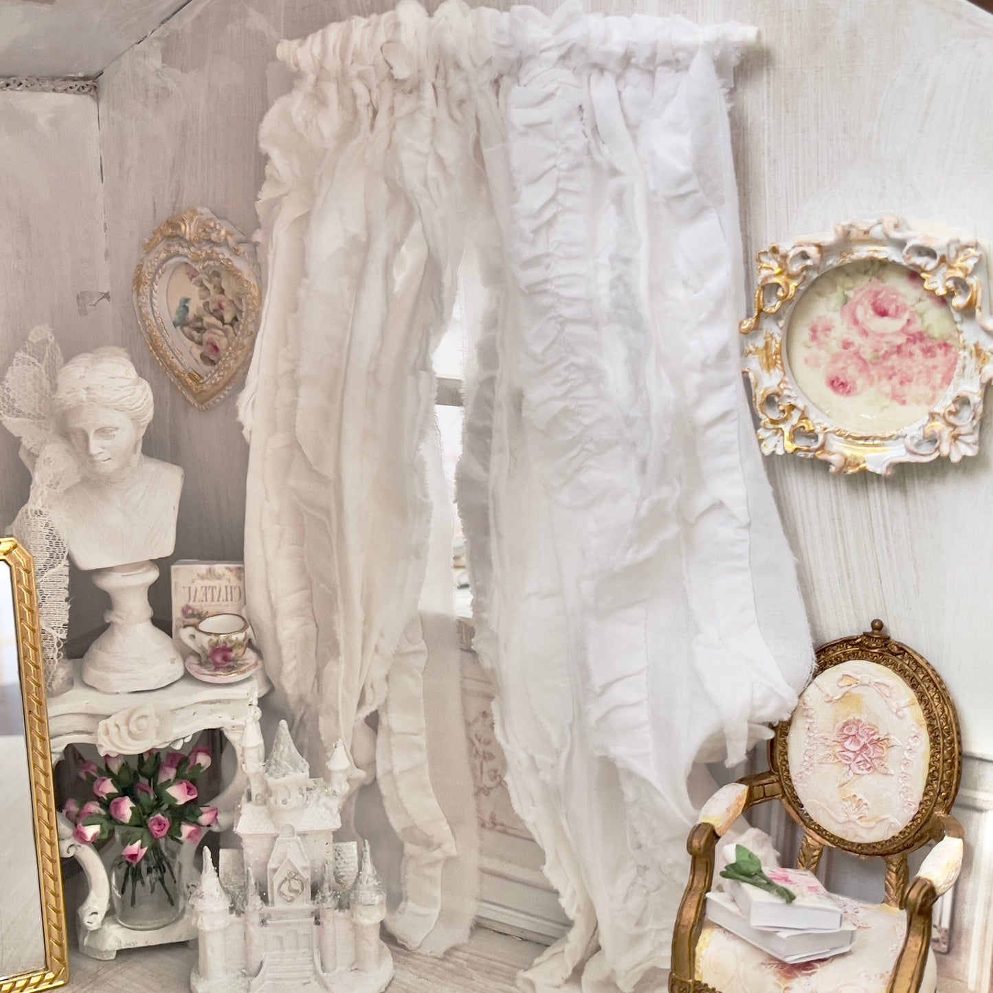 Chantallena Doll House Curtains 1:12 Scale Dollhouse Curtains-White Ruffled Cotton 2 Panels| Chantallena