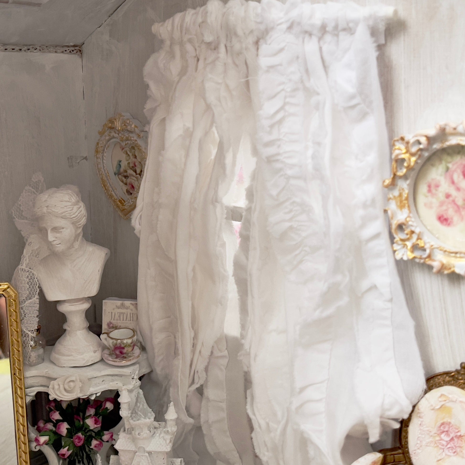 Chantallena Doll House Curtains 1:12 Scale Dollhouse Curtains-White Ruffled Cotton 2 Panels| Chantallena