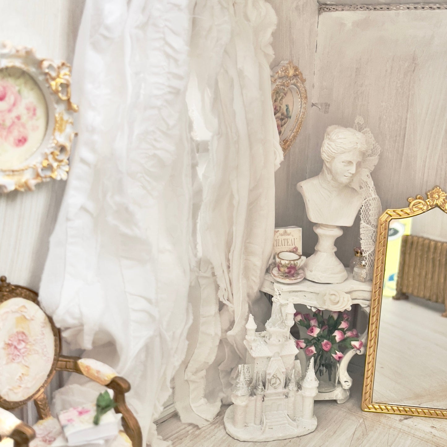 Chantallena Doll House Curtains 1:12 Scale Dollhouse Curtains-White Ruffled Cotton 2 Panels| Chantallena