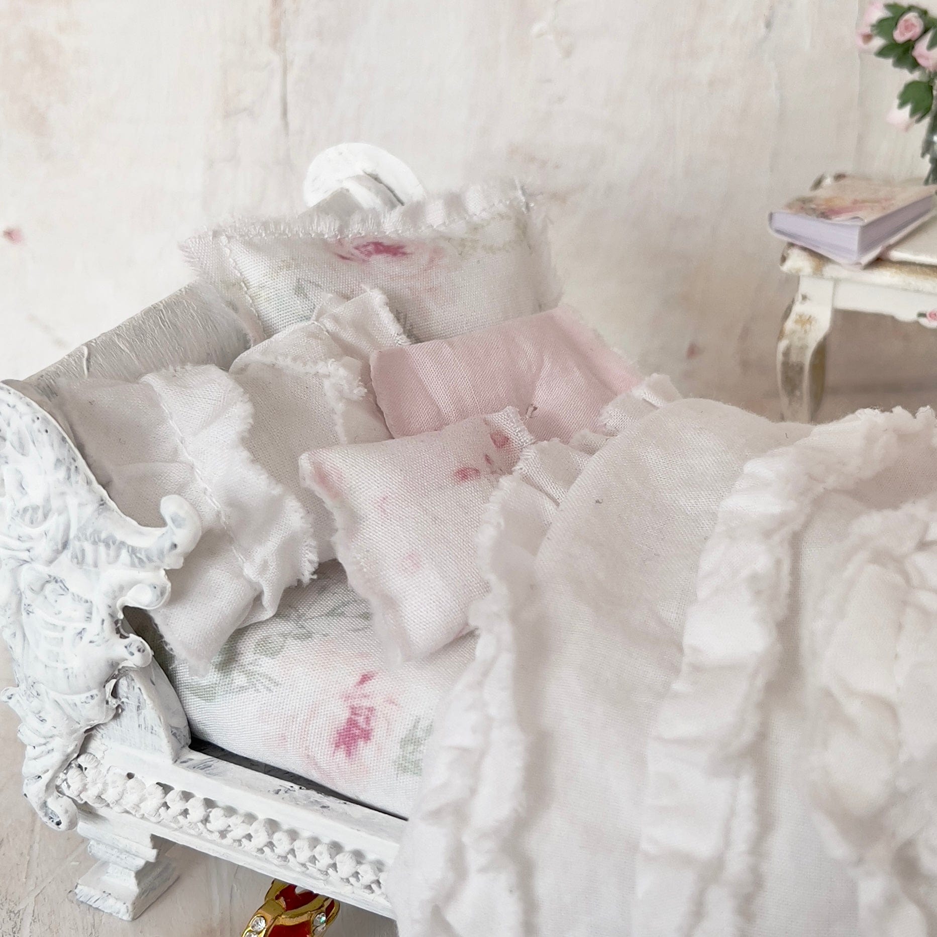 Chantallena Doll House Day Bed Bedding|Shabby Blue Floral and Striped Cotton 1:12 Scale Dollhouse Set  | Rose Daydreams