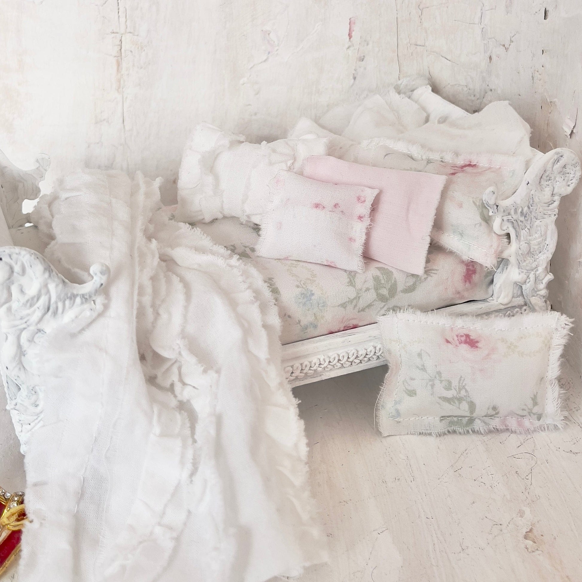 Chantallena Doll House Day Bed Bedding|Shabby Blue Floral and Striped Cotton 1:12 Scale Dollhouse Set  | Rose Daydreams
