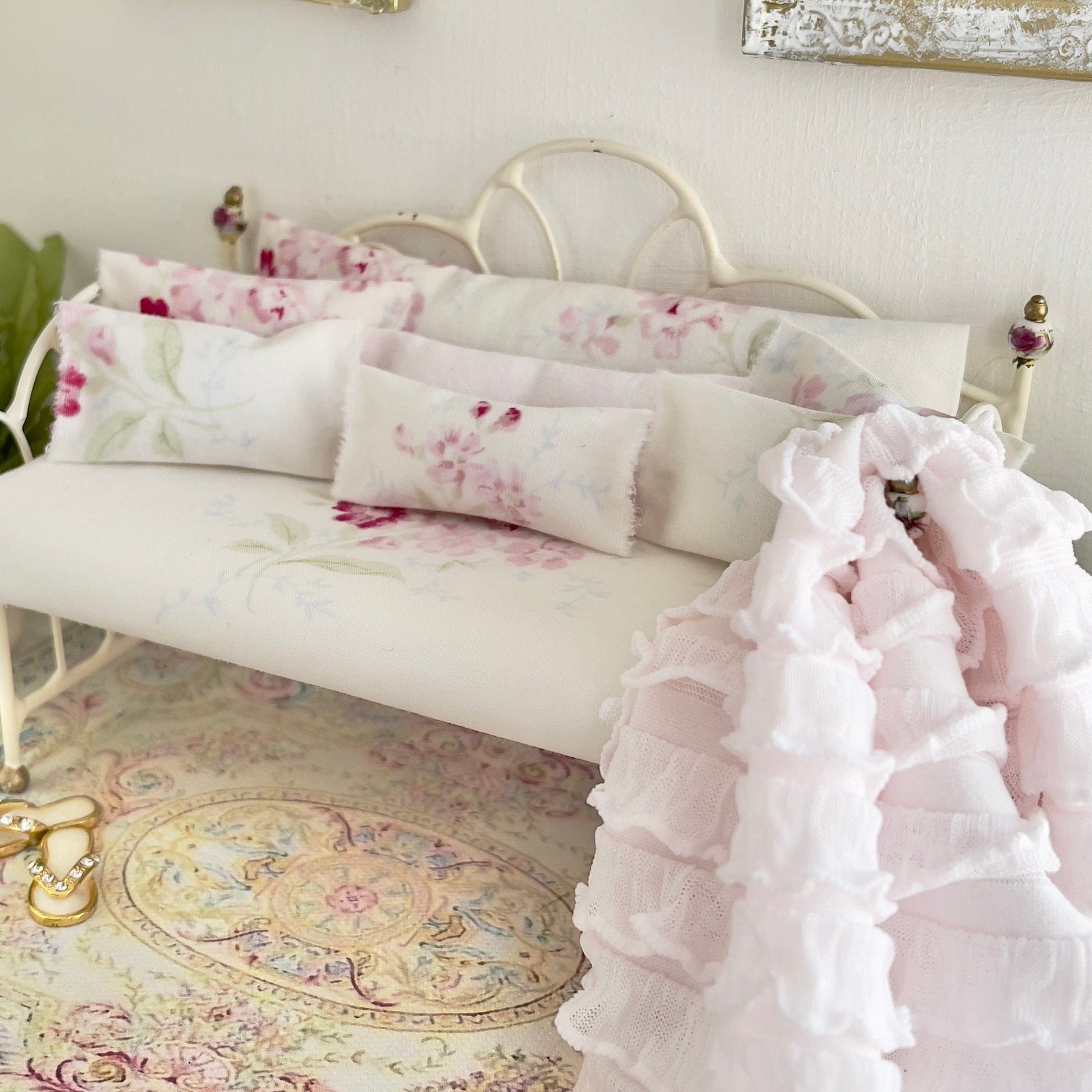 Chantallena Doll House Day Bed | Faded Pink, Blue Florals Cotton Set | Shabby Pink Wildflowers