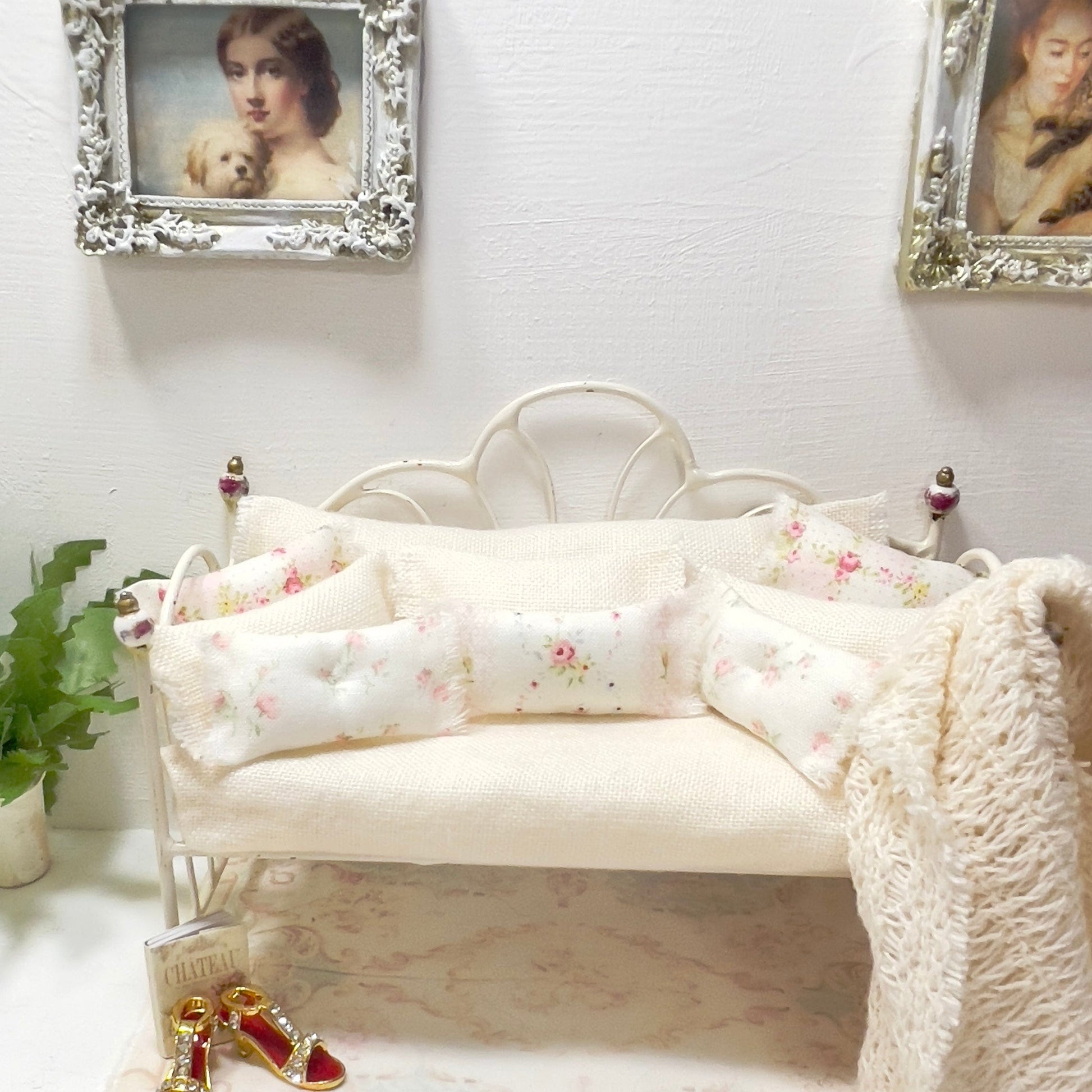 Chantallena Doll House Day Bed | Tea Dyed Linen wuth Petite Pink Roses 1:12 Scale Dollhouse Set | Floral Vintage Cream