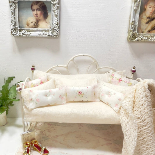 Chantallena Doll House Day Bed | Tea Dyed Linen wuth Petite Pink Roses 1:12 Scale Dollhouse Set | Floral Vintage Cream