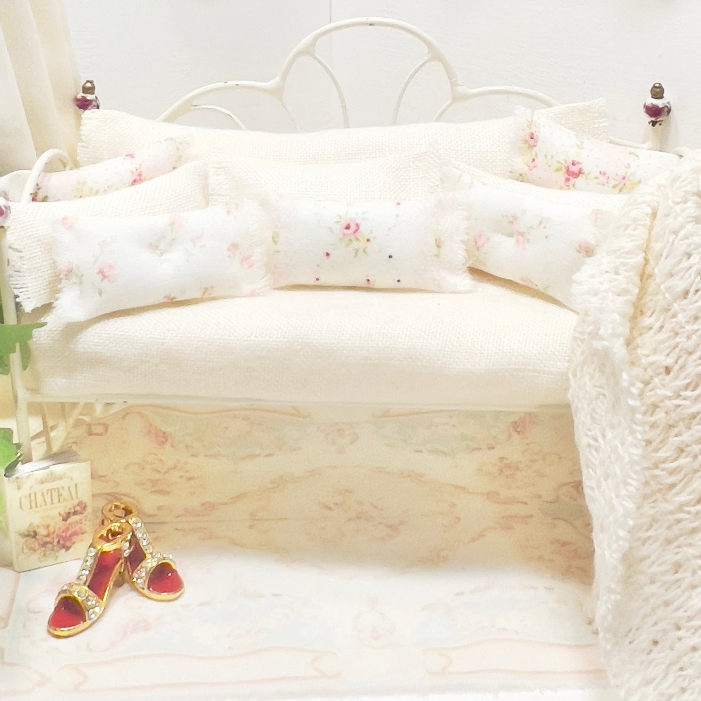 Chantallena Doll House Day Bed | Tea Dyed Linen wuth Petite Pink Roses 1:12 Scale Dollhouse Set | Floral Vintage Cream5