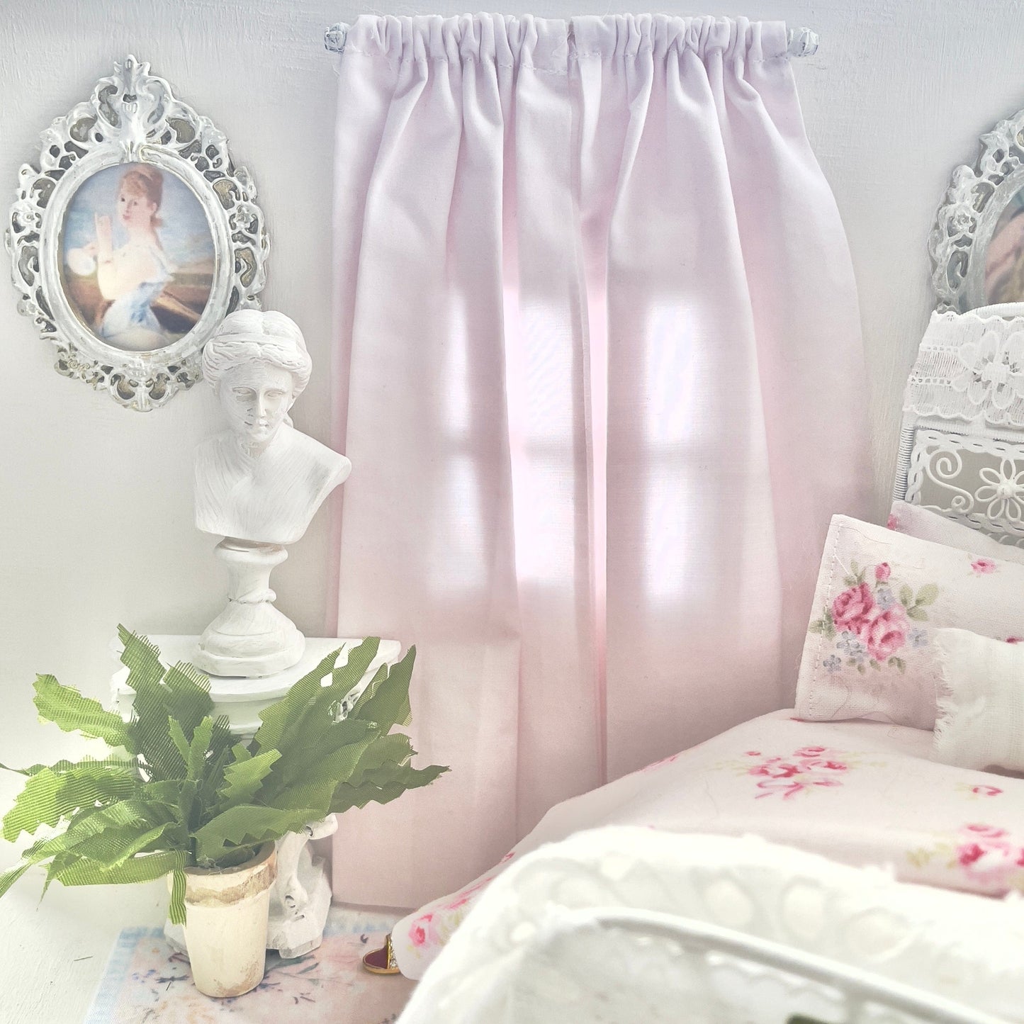 Chantallena Doll House Dollhouse Accessories 1:12 Scale Dollhouse Curtains - Light Shabby Pink Cotton 2 Panels| Chantallena