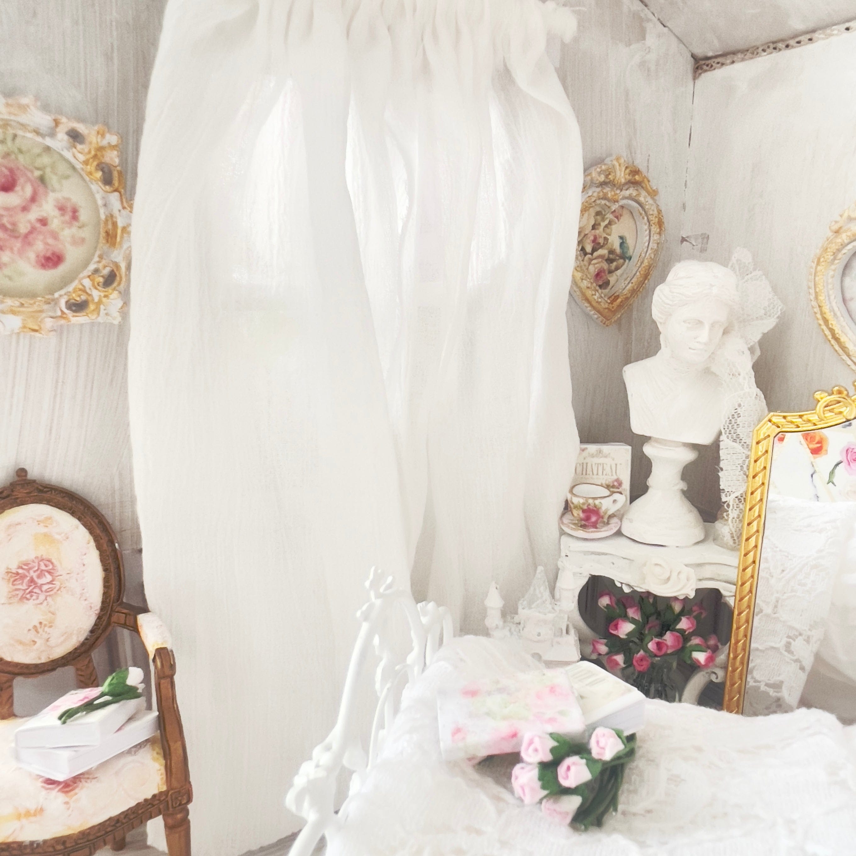 Chantallena Doll House Dollhouse Accessories 2 Curtains (4 Panels) Curtains- White Cotton Gauze 2 Panels- 1:12 Scale Dollhouse |Garden View |Chantallena