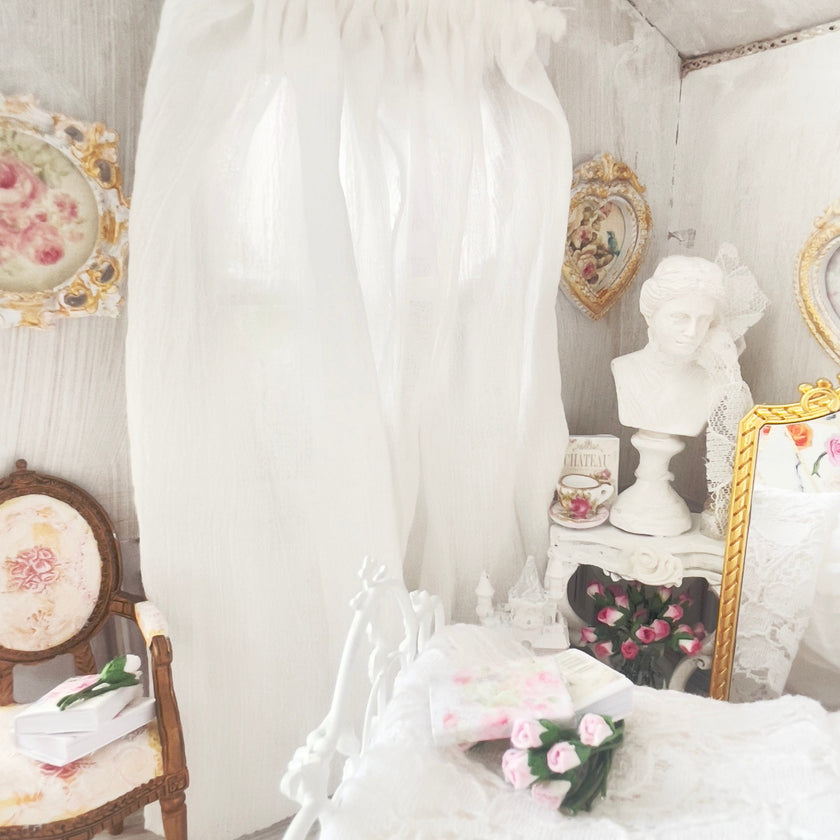 Chantallena Doll House Dollhouse Accessories 2 Curtains (4 Panels) Curtains- White Cotton Gauze 2 Panels- 1:12 Scale Dollhouse |Garden View |Chantallena