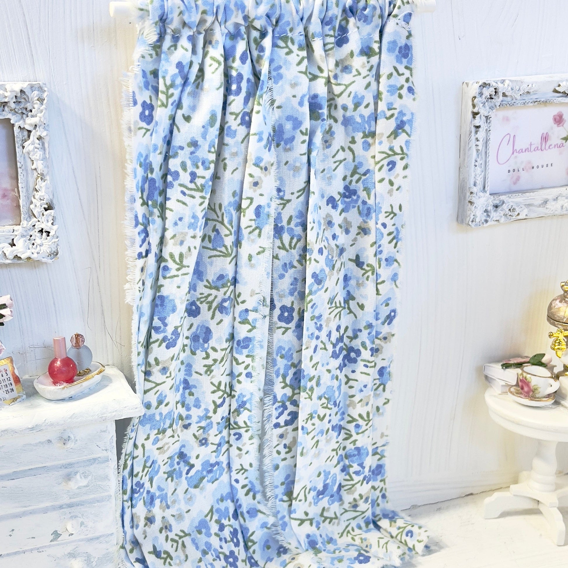 Chantallena Doll House Dollhouse Accessories Curtains | Blue Ditsy Floral 2 Panel Cotton Curtains