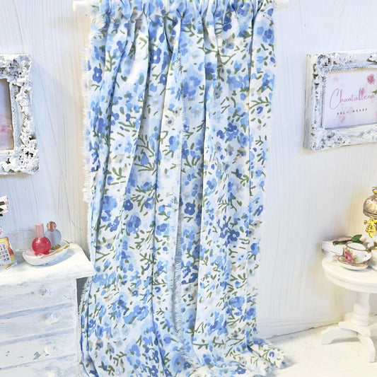 Chantallena Doll House Dollhouse Accessories Curtains | Blue Ditsy Floral 2 Panel Cotton Curtains
