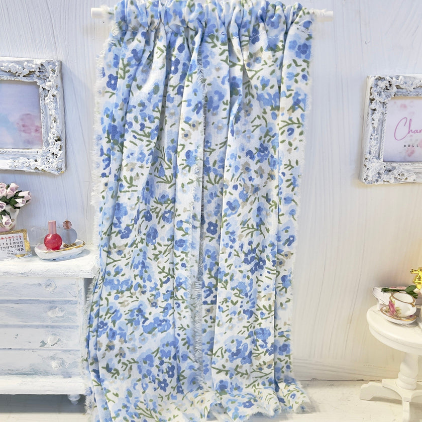 Chantallena Doll House Dollhouse Accessories Curtains | Blue Ditsy Floral 2 Panel Cotton Curtains
