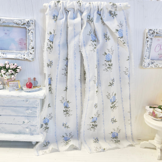 Chantallena Doll House Dollhouse Accessories Curtains | Blue Floral Trellis 2 Panel Cotton Curtains