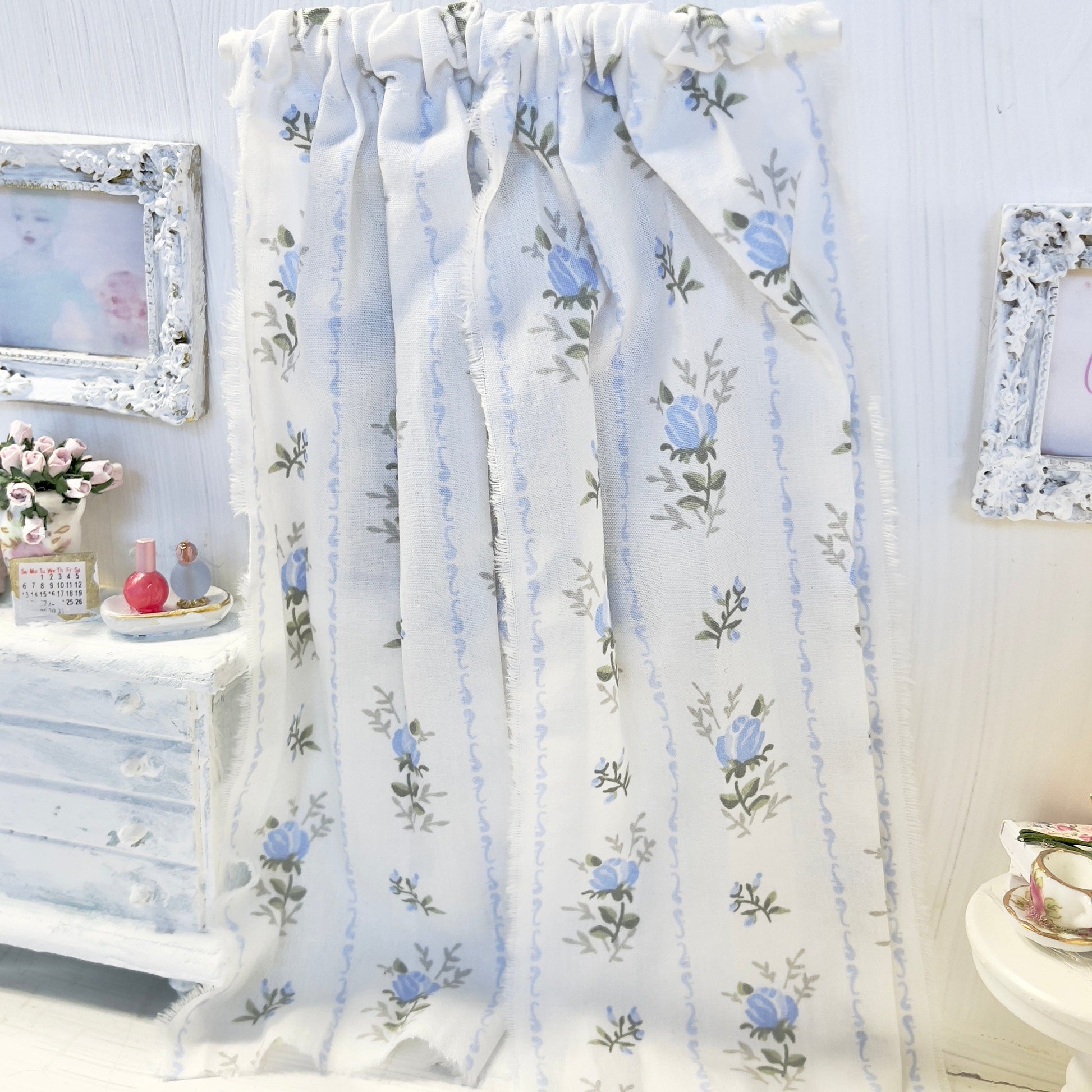 Chantallena Doll House Dollhouse Accessories Curtains | Blue Floral Trellis 2 Panel Cotton Curtains
