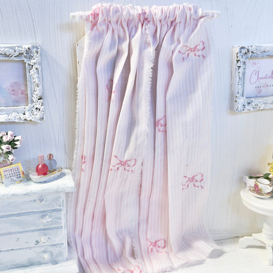 Chantallena Doll House Dollhouse Accessories Curtains | Pink and White Stripes with Petite Pink Bows 2 Panel Cotton Curtains