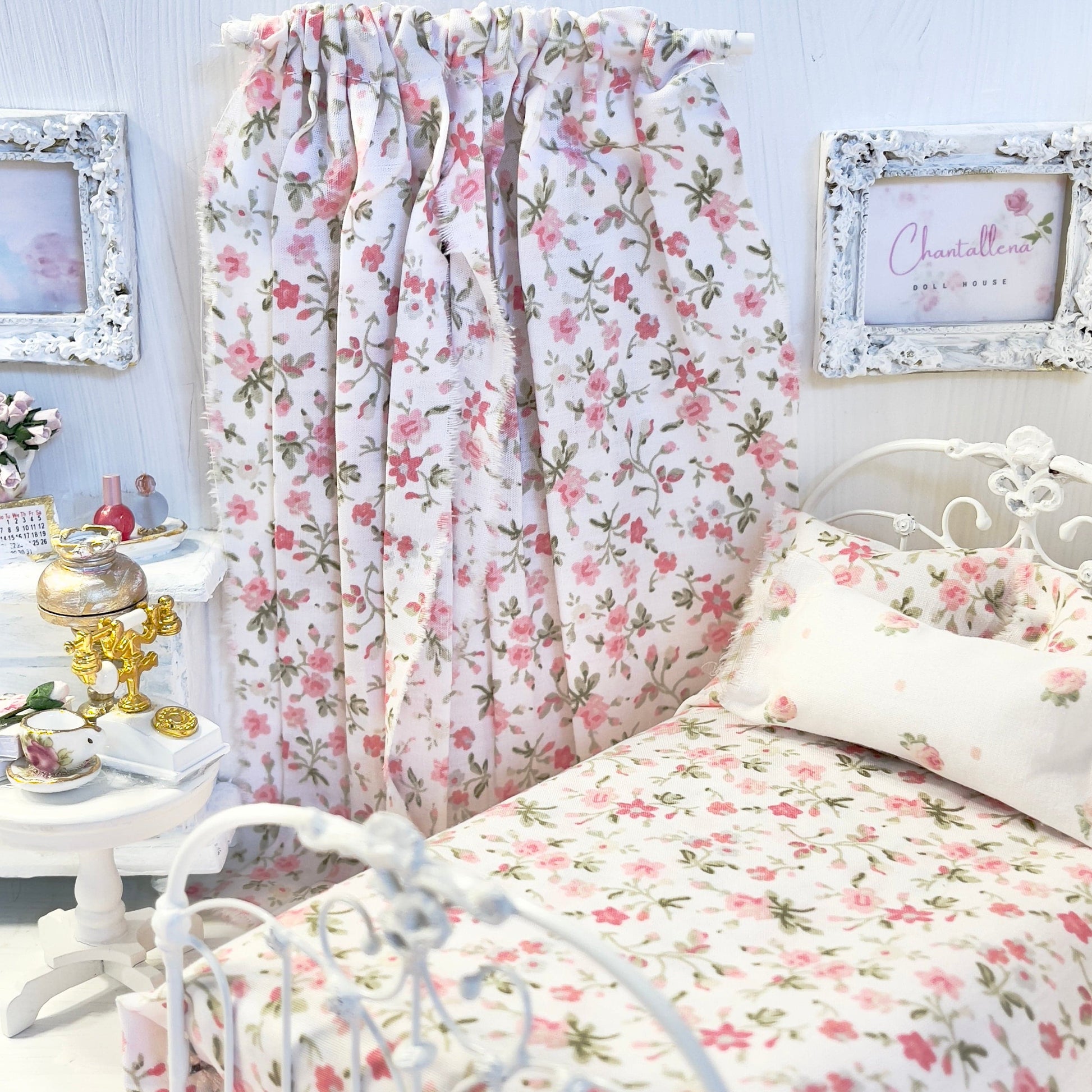 Chantallena Doll House Dollhouse Accessories Curtains | Pink Ditsy Floral 2 Panel Cotton Curtains