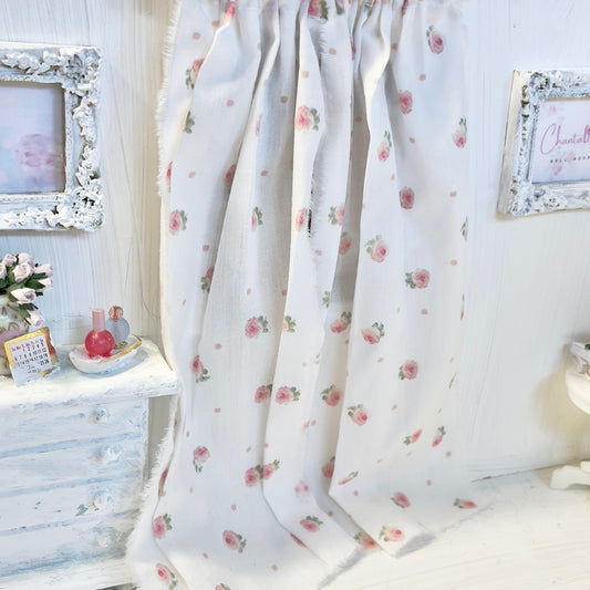 Chantallena Doll House Dollhouse Accessories Curtains | Scattered Petite  Pink Roses on Soft White 2 Panel Cotton Curtains