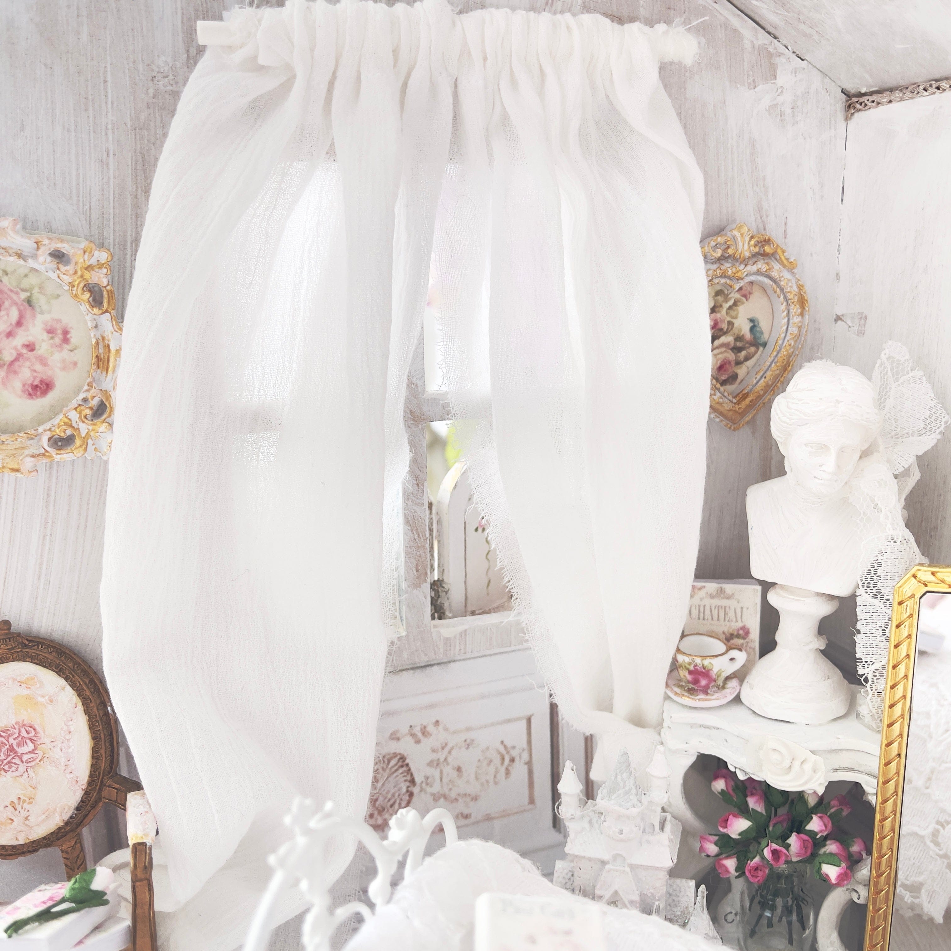 Chantallena Doll House Dollhouse Accessories Curtains- White Cotton Gauze 2 Panels- 1:12 Scale Dollhouse |Garden View |Chantallena