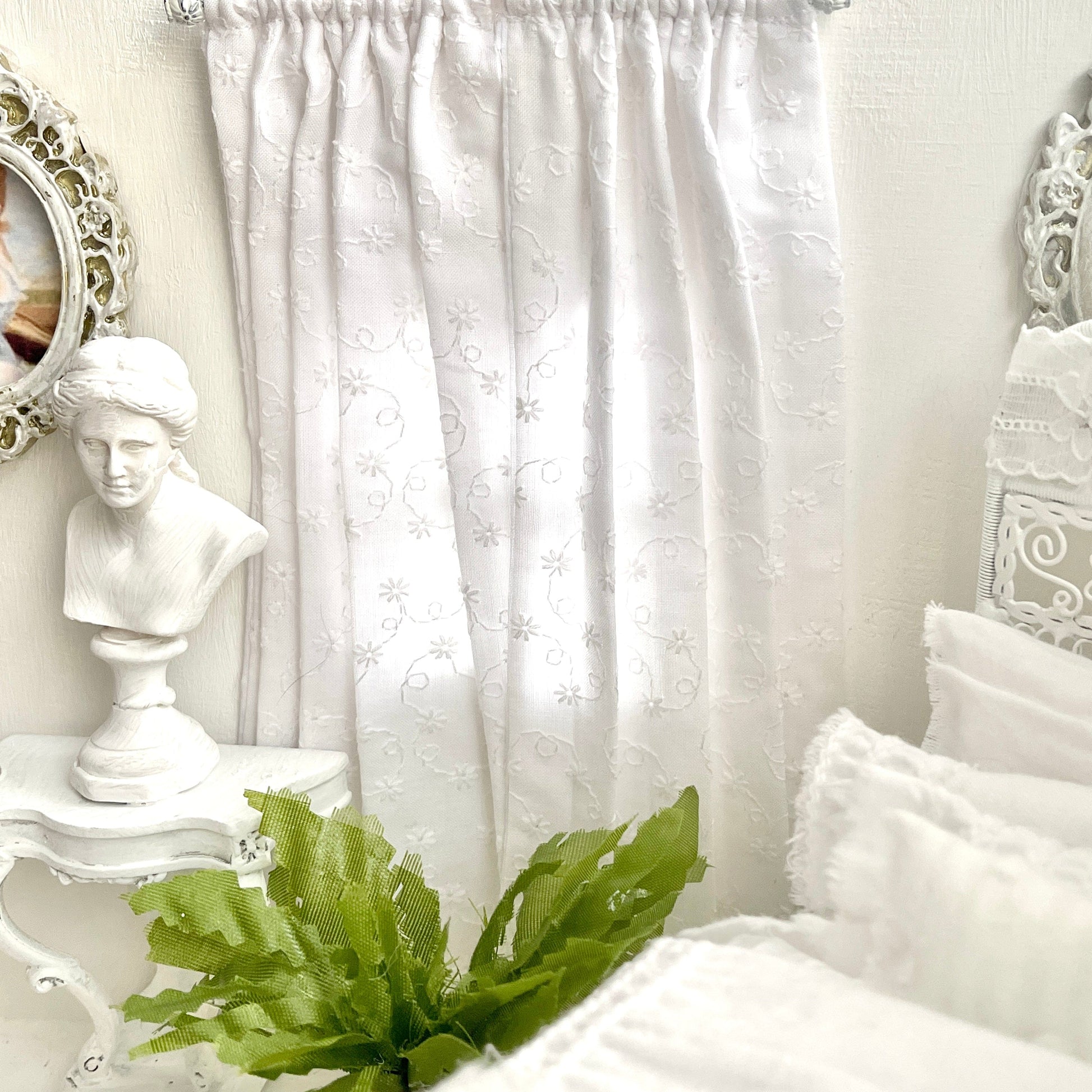 Chantallena Doll House Dollhouse Accessories Curtains | White Petite Eyelet 2 Panel Cotton Curtains | White Petite Eyelet