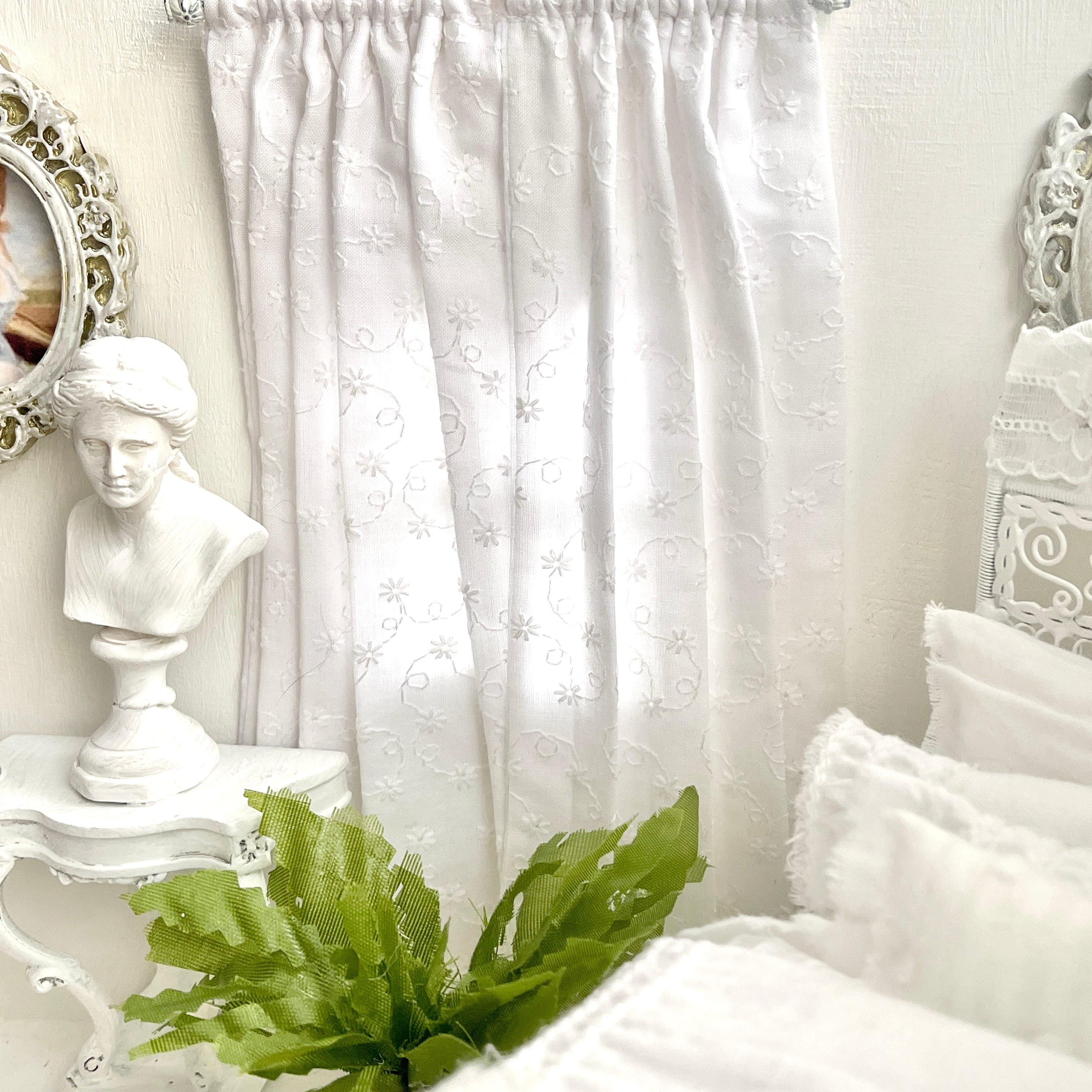 Chantallena Doll House Dollhouse Accessories Curtains | White Petite Eyelet 2 Panel Cotton Curtains | White Petite Eyelet