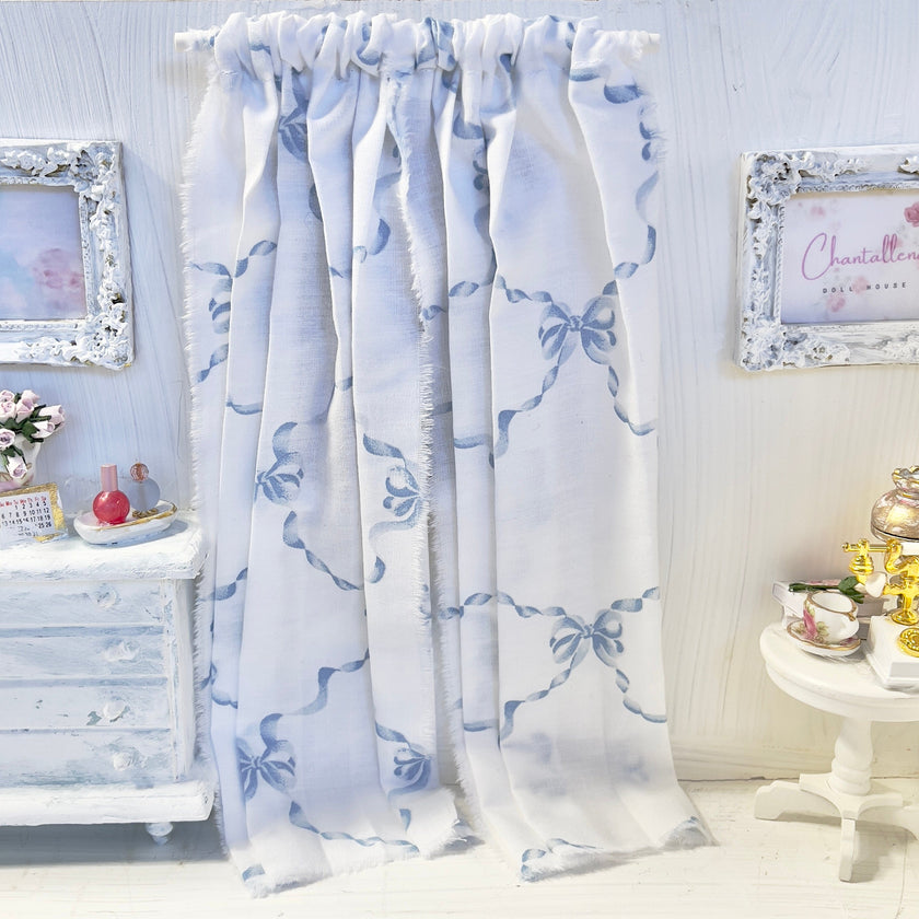 Chantallena Doll House Dollhouse Accessories Curtains | White with Blue Ribbon Bows 2 Panel Cotton Curtains