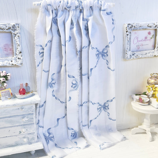 Chantallena Doll House Dollhouse Accessories Curtains | White with Blue Ribbon Bows 2 Panel Cotton Curtains