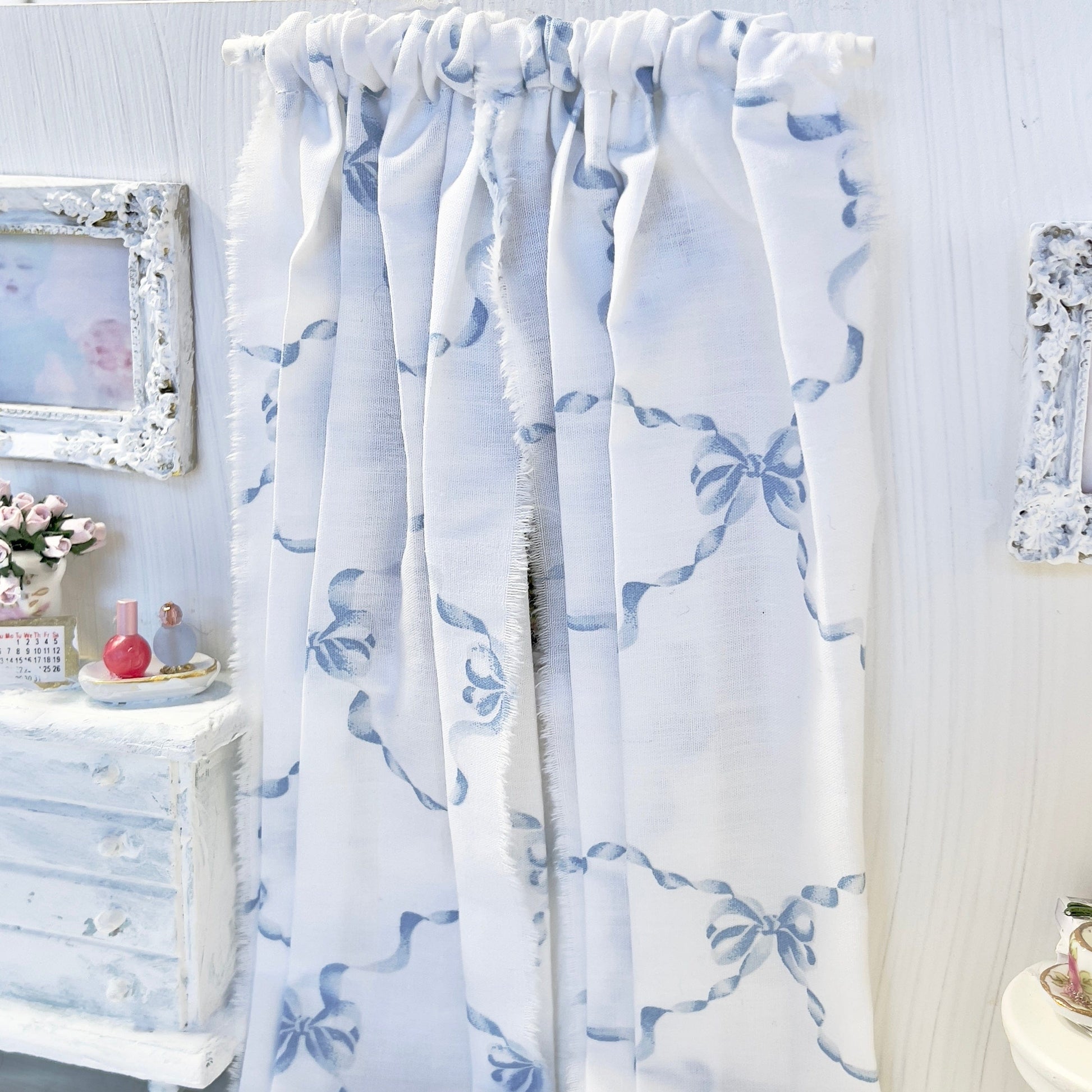 Chantallena Doll House Dollhouse Accessories Curtains | White with Blue Ribbon Bows 2 Panel Cotton Curtains