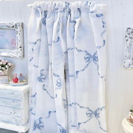 Chantallena Doll House Dollhouse Accessories Curtains | White with Blue Ribbon Bows 2 Panel Cotton Curtains