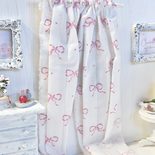 Chantallena Doll House Dollhouse Accessories Curtains | White with Petite Pink Bows 2 Panel Cotton Curtains