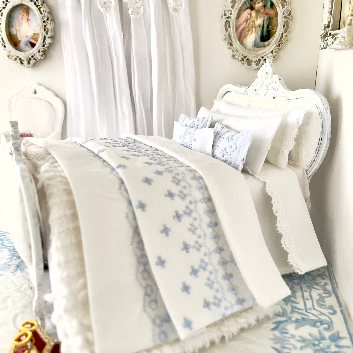 Chantallena Doll House double Shabby Cottage | White Cotton Set with Pale Blue Embroidery Bed Runner | Ariel