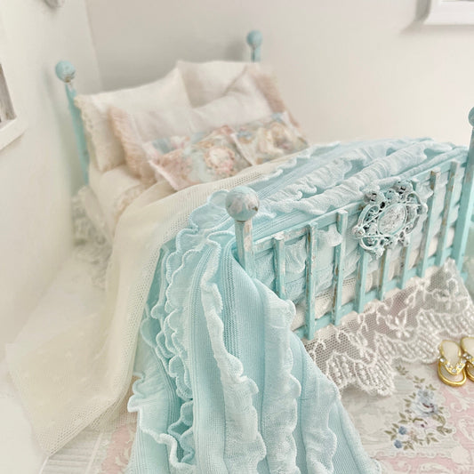 Chantallena Doll House Dressed 1:12 Scale Bed | Aqua Metal Bed with Ivory Silk Bedding Set |Dove