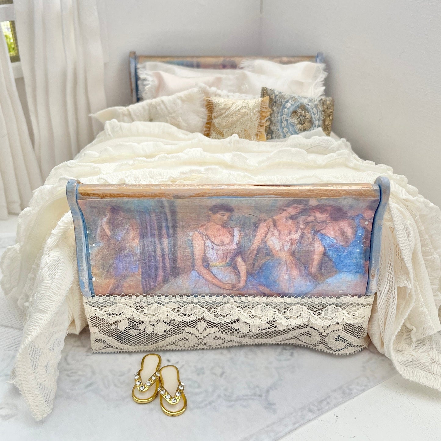 Chantallena Doll House Dressed 1:12 Scale Bed | Ballerina Decoupage Bed with Ivory Silk Bedding Set | Bette